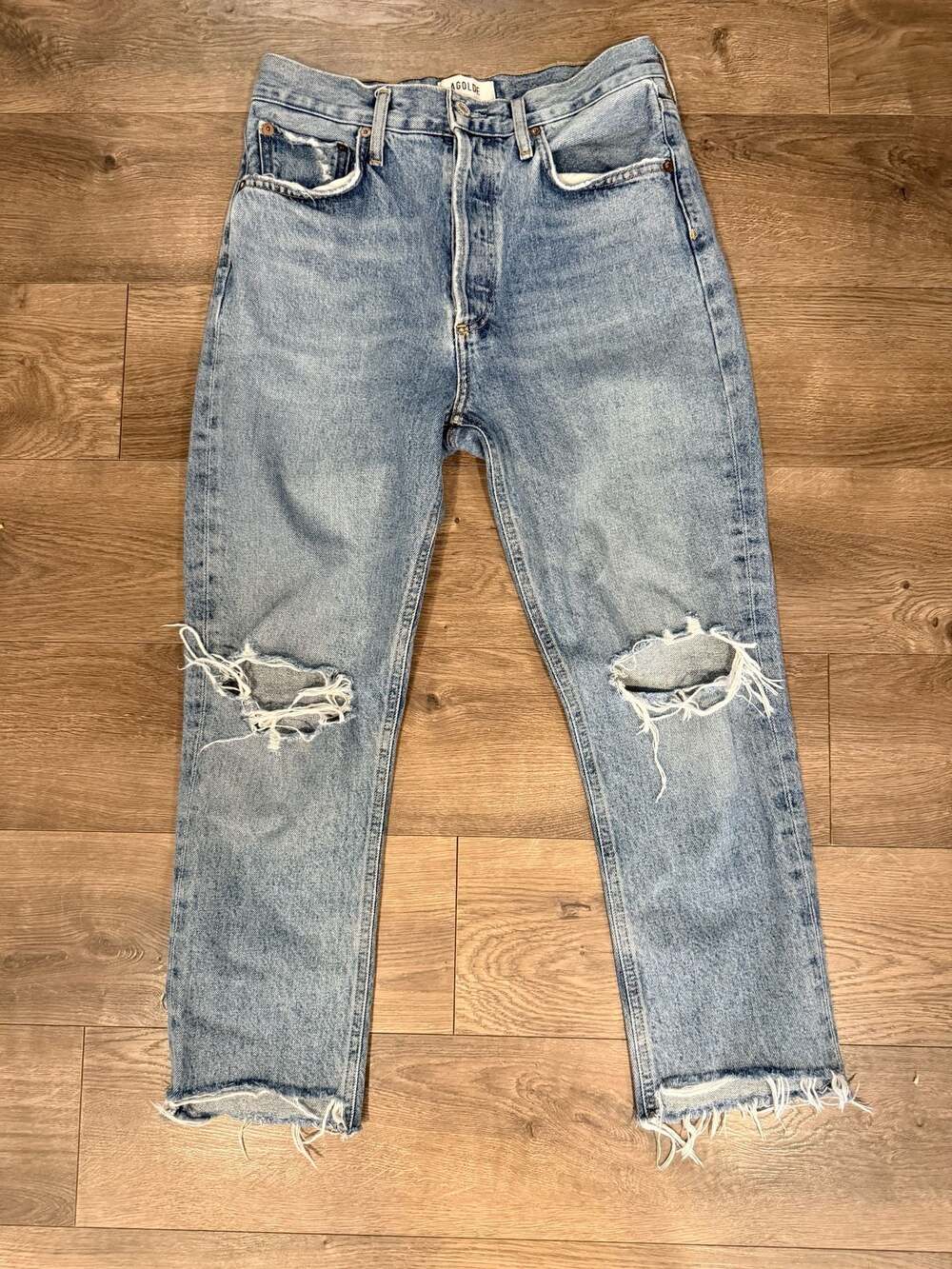 AGOLDE Riley High-Rise Straight Cropped Distressed Light Wash Jeans Size 26